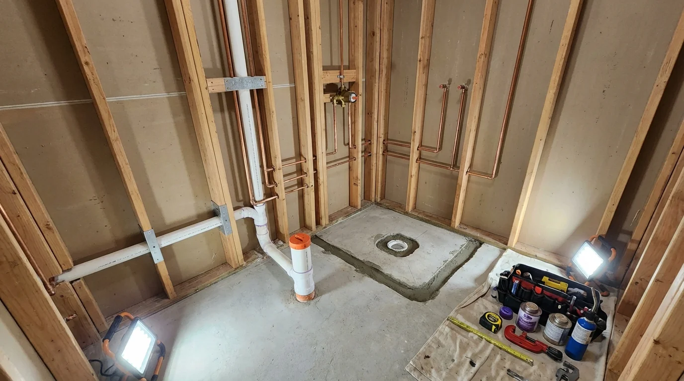 Bathroom rough-in plumbing during remodel by Johns Plumbing LLC in East Canton