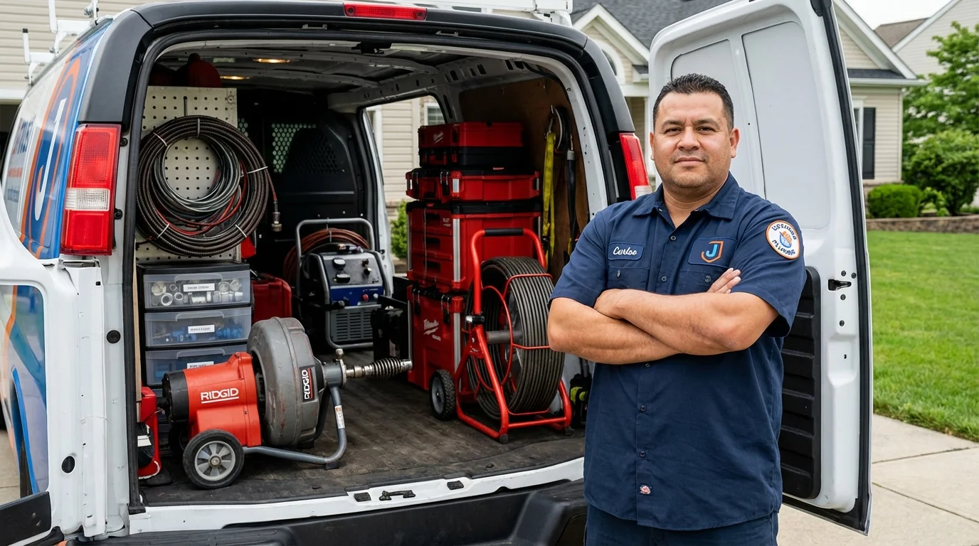 Professional drain cleaning equipment and Johns Plumbing LLC plumber in East Canton