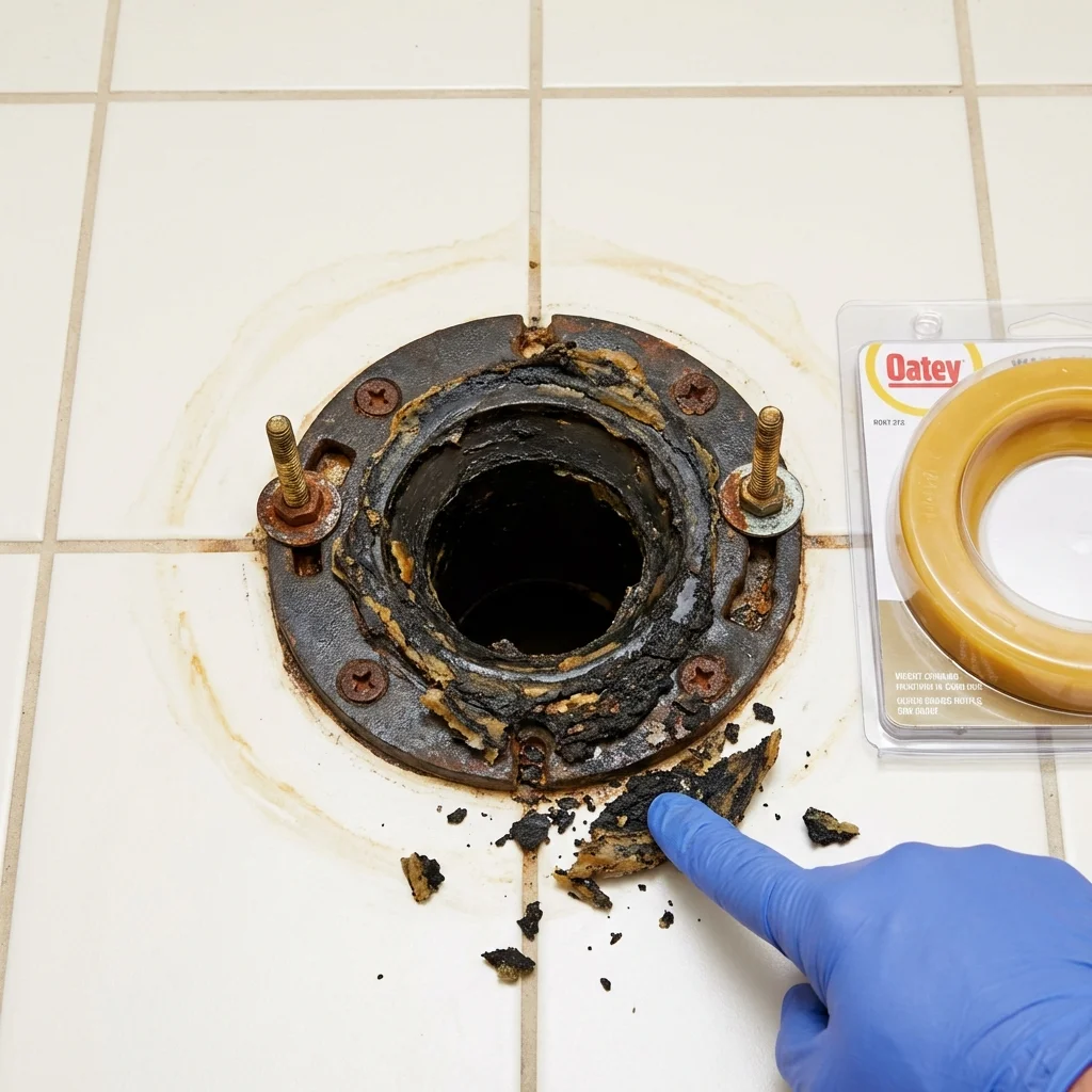 Failed wax ring showing water seepage at the base of a toilet in a East Canton, OH home