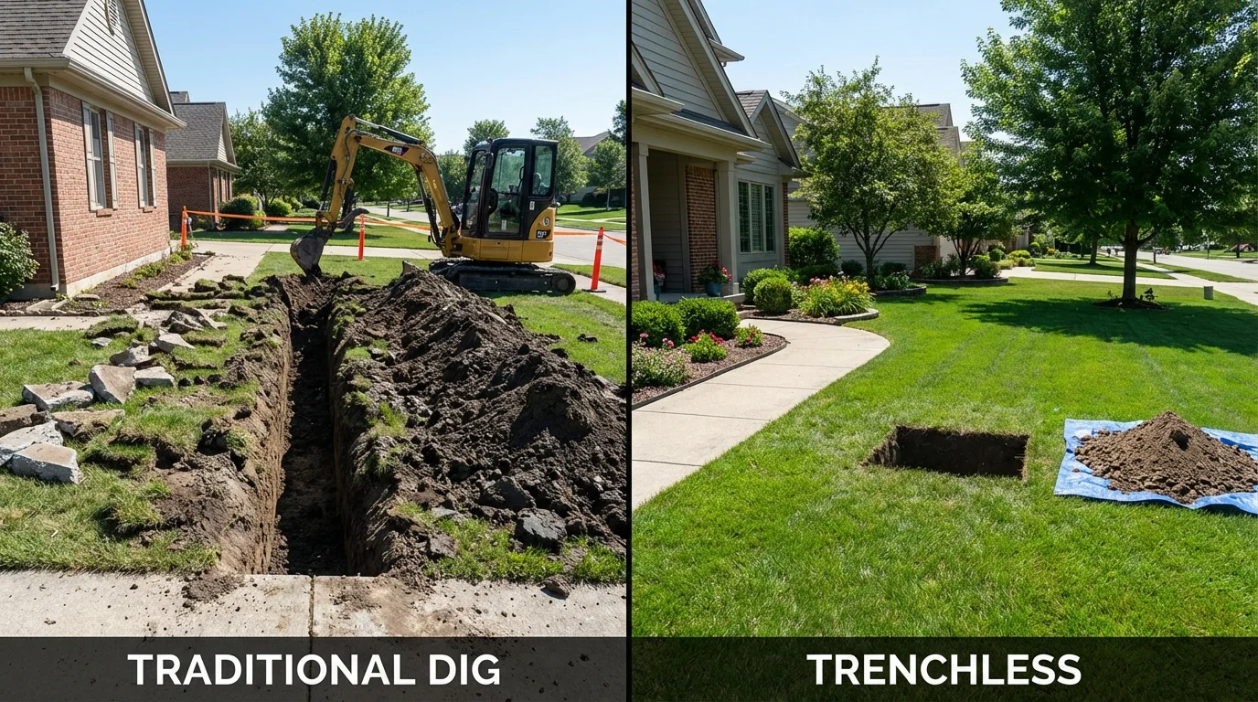 Trenchless sewer repair with minimal yard damage versus traditional excavation in East Canton, OH
