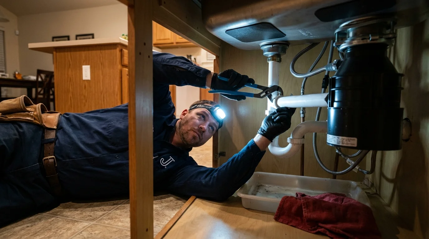 P-trap and supply line connections under a kitchen sink showing a common leak point in East Canton, OH